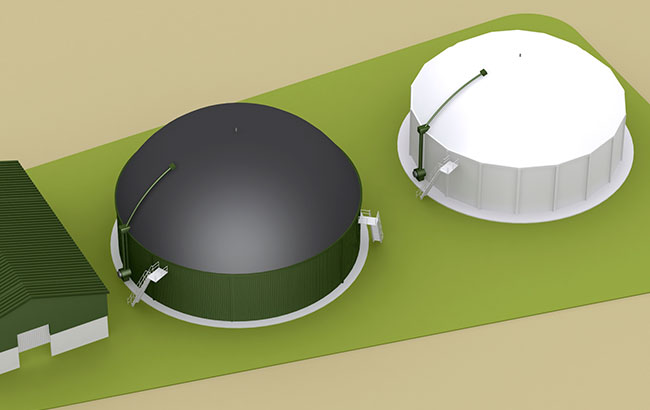 Das Bild zeigt eine Biogasanlage in einer 3D Visualisierung.