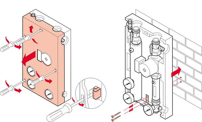 Illustrationen zu einer Montageanleitung einer Solarstation. Liniengrafik, farbig unterlegt.